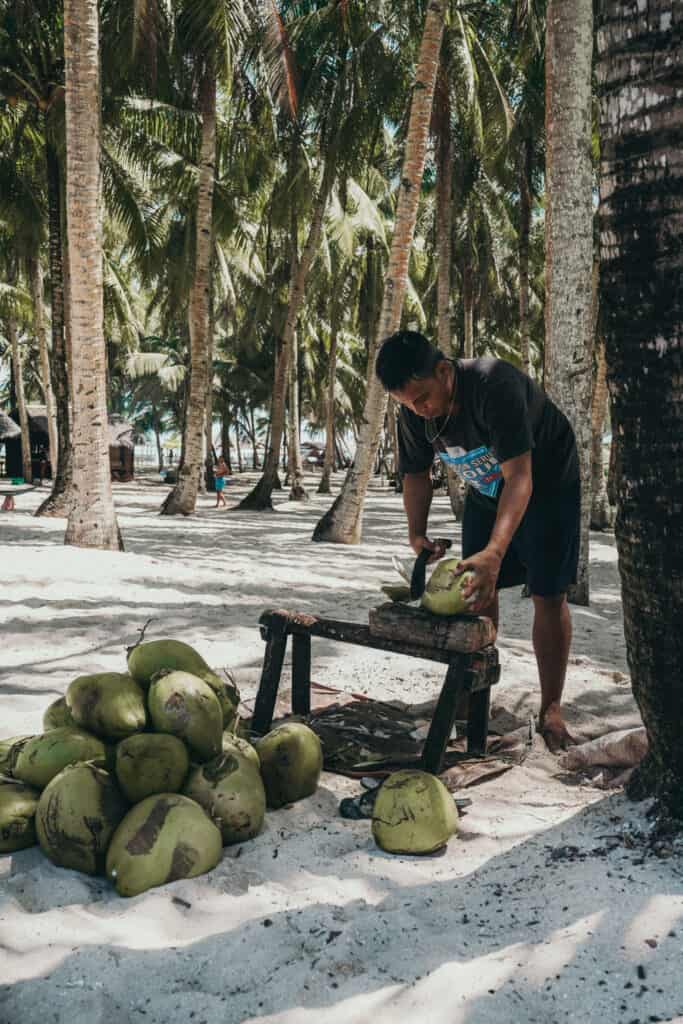 Man is cutting coconuts on Daku Island Siargao