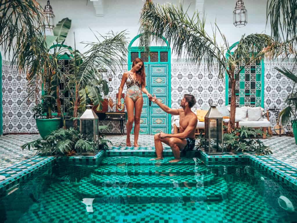 Marrakesh Riad BE Entrance Hall Pool Couple