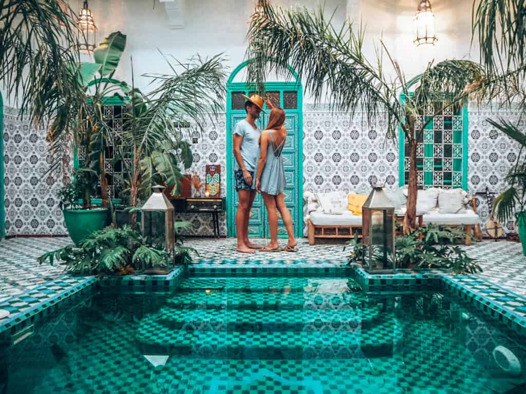 Marrakesh Riad BE Entrance Hall Pool Couple