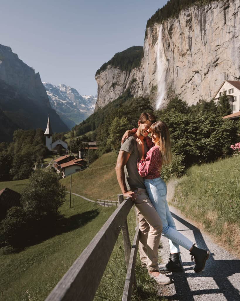 Switzerland Lauterbrunnen Chirch Waterfall Couple