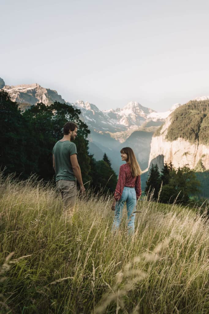 Switzerland Wengen Field Couple Sunrise