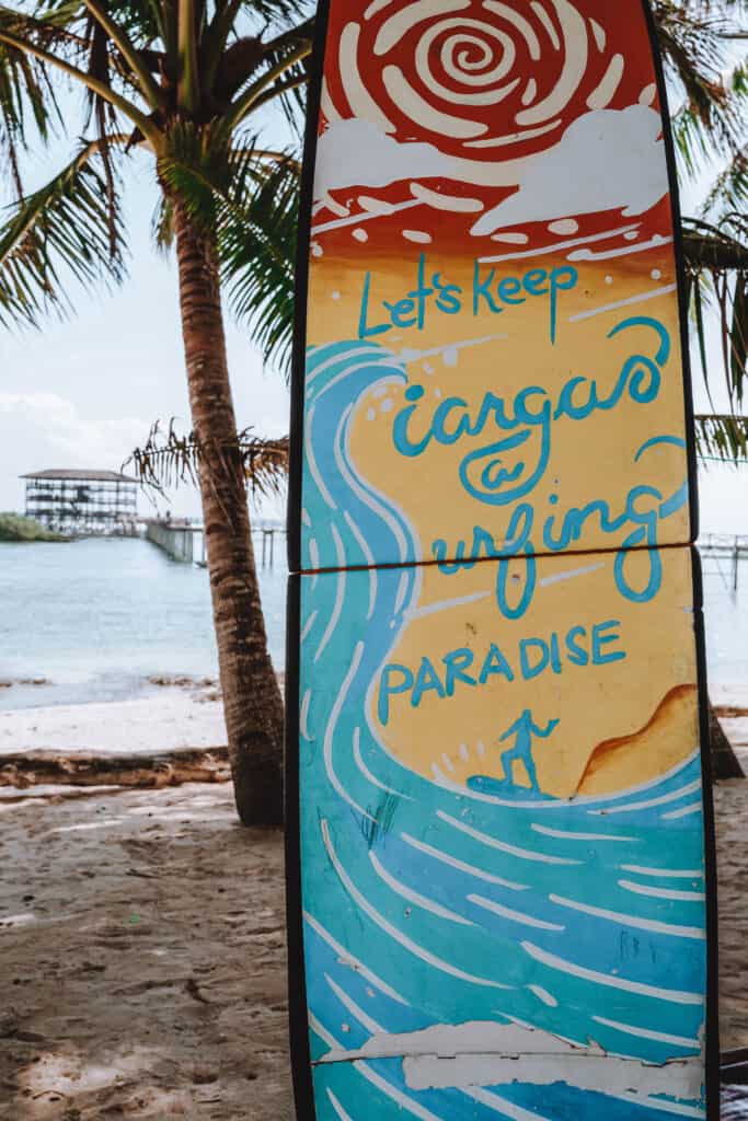 Surfboard on the beach of Cloud 9 in Siargao