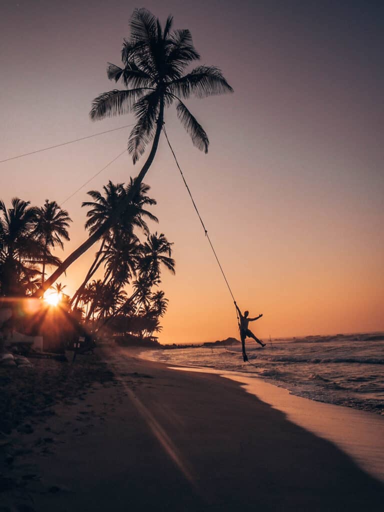 Dalawella Beach Palm Rope Swing Man Sunrise