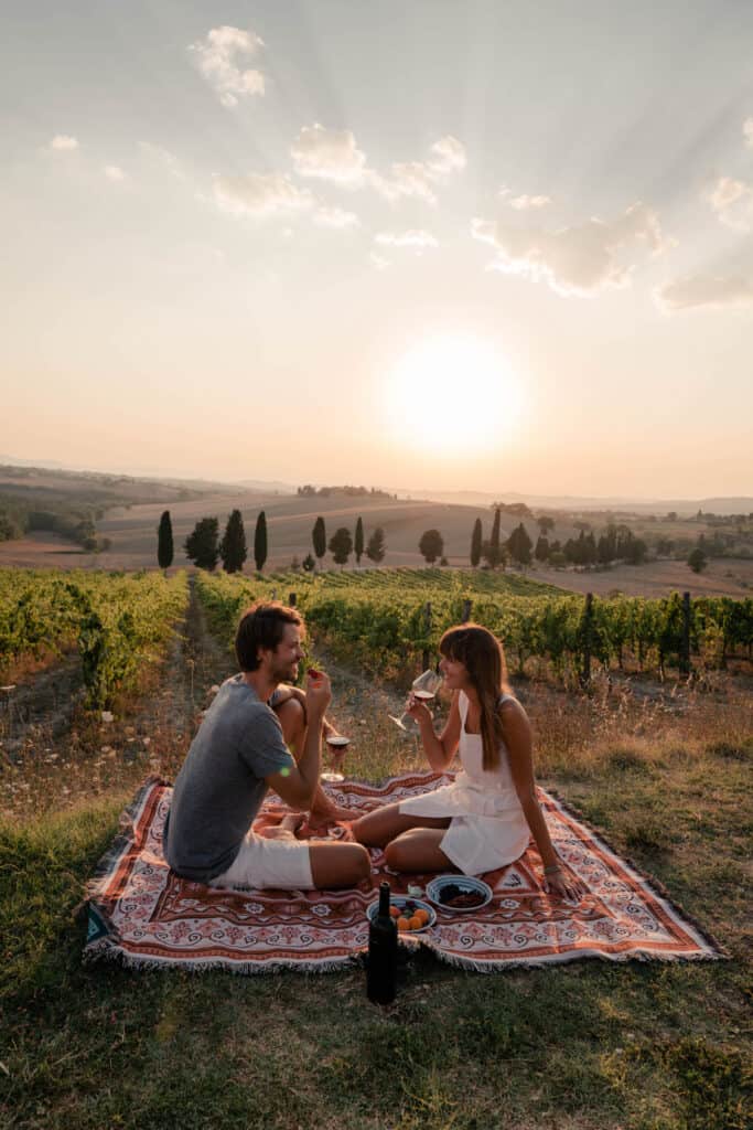 Tuscany Couple Picnic Sunset Vines