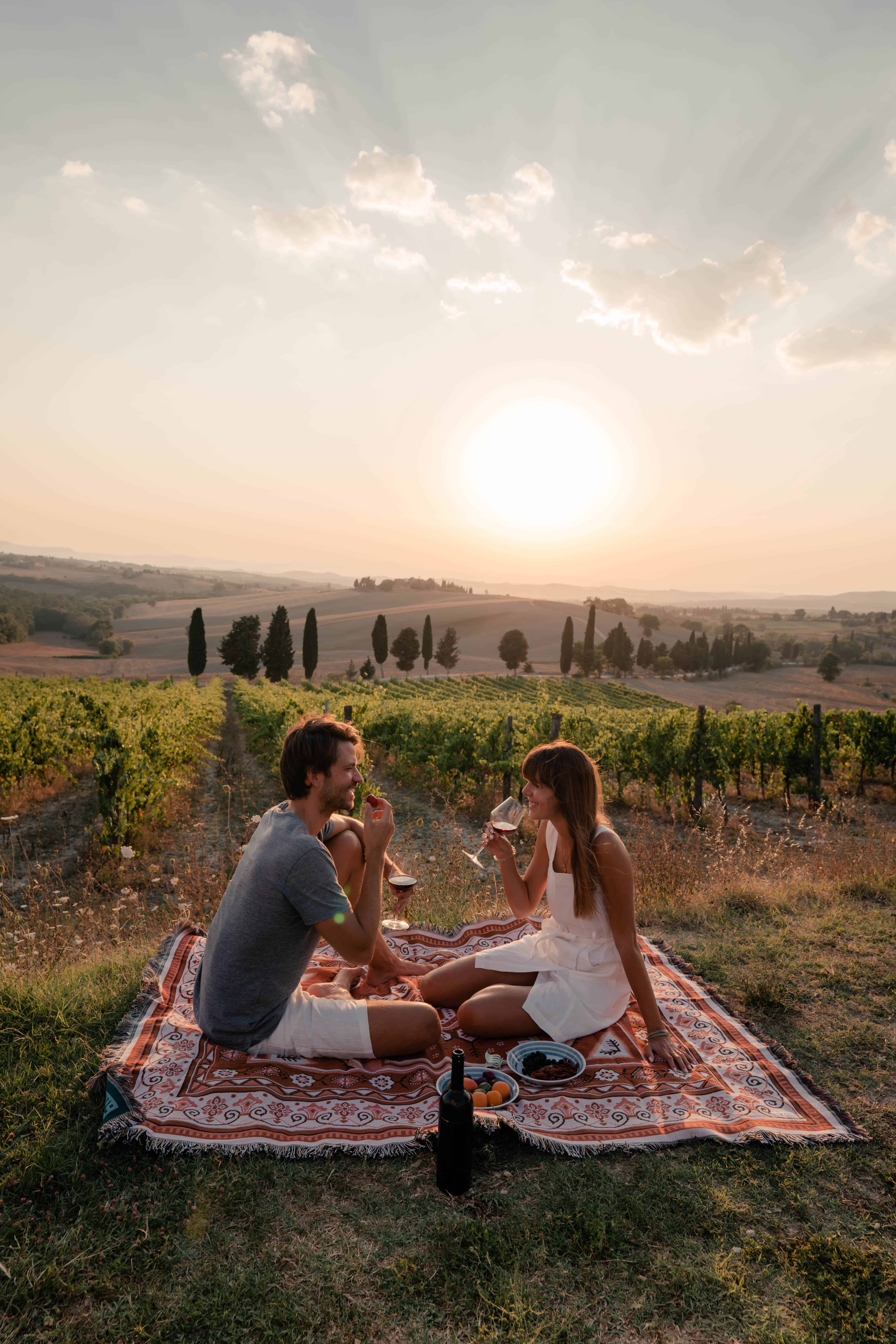 Tuscany Couple Picnic Sunset Vines