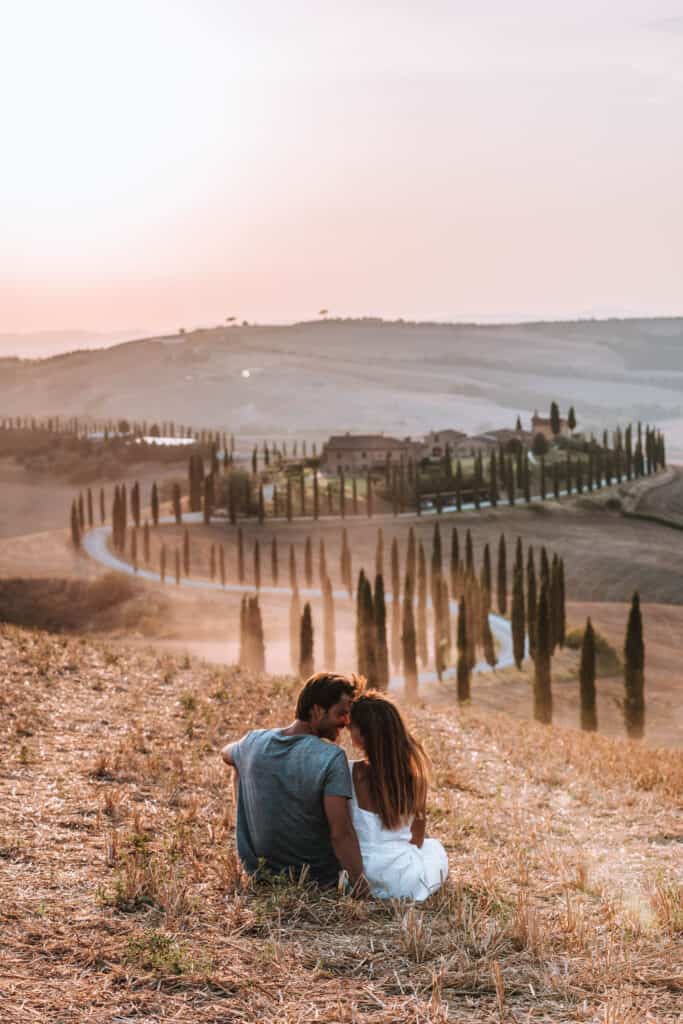 Tuscany Agriturismo Boccoleno Winding Road Couple Sunset