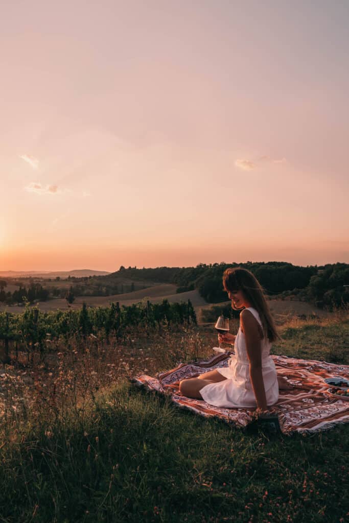 Tuscany Sunset Wine Woman Picnic