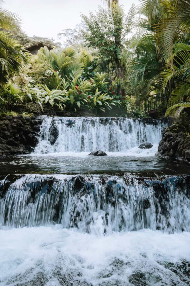 A waterfall in the middle of a tropical jungle.