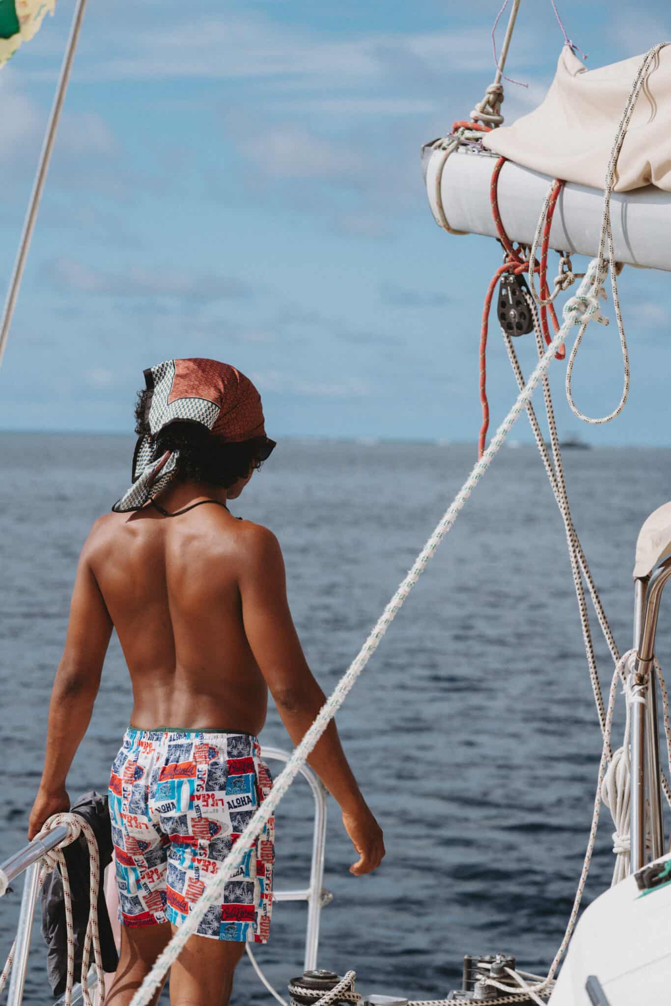 San Blas Islands Man Working Catamaran