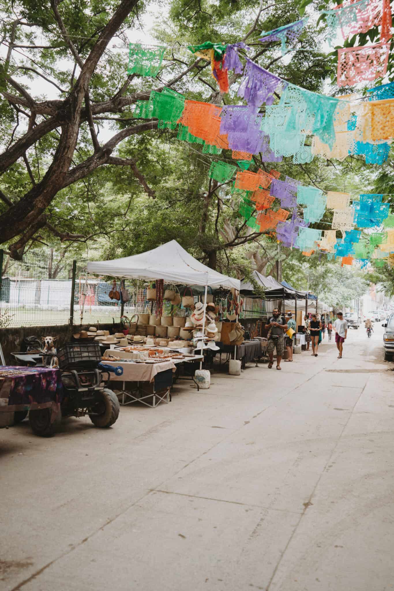 A Sayulita street market adorned with colorful flags hanging from trees.