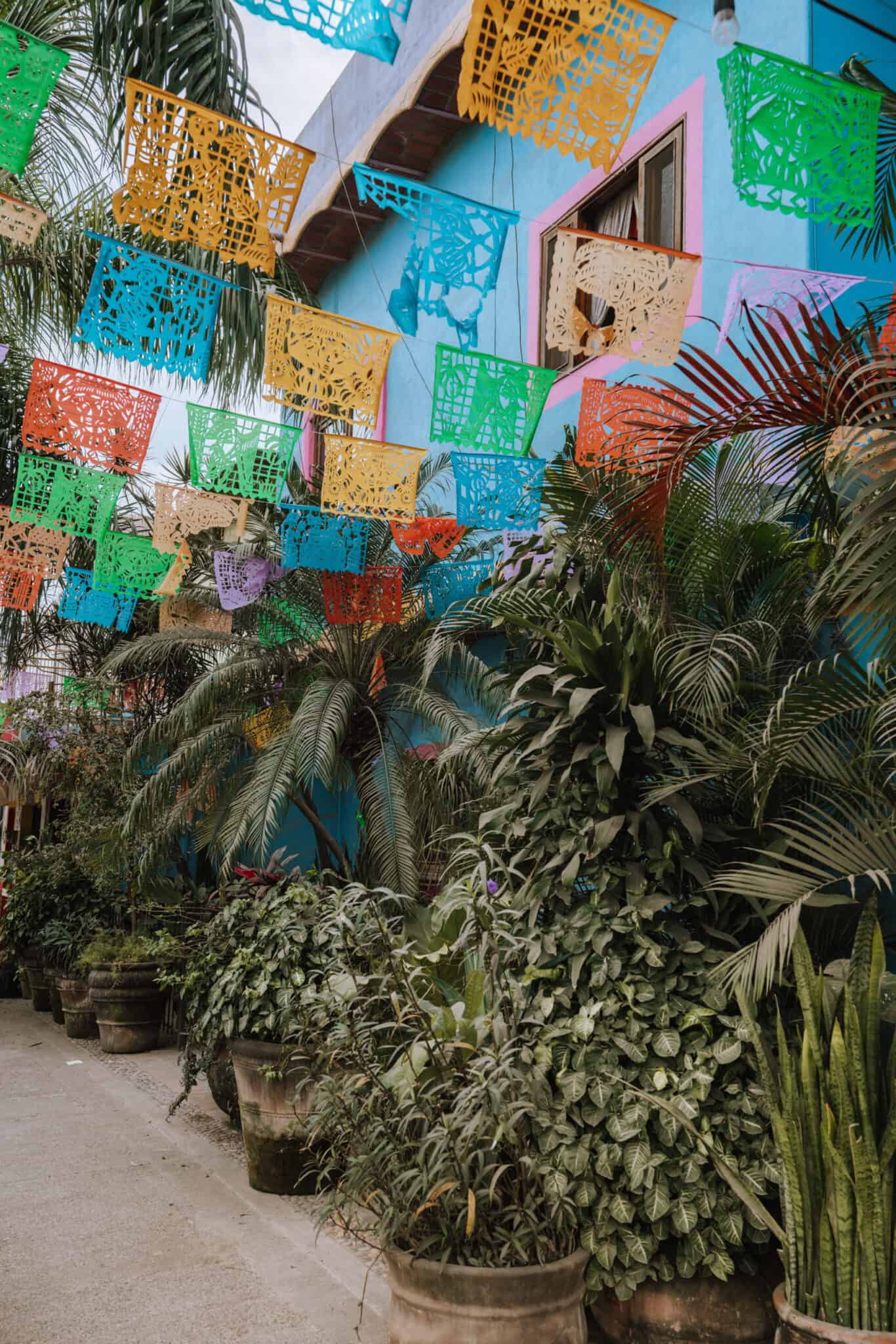 Colorful Mexican flags hanging in Sayulita.