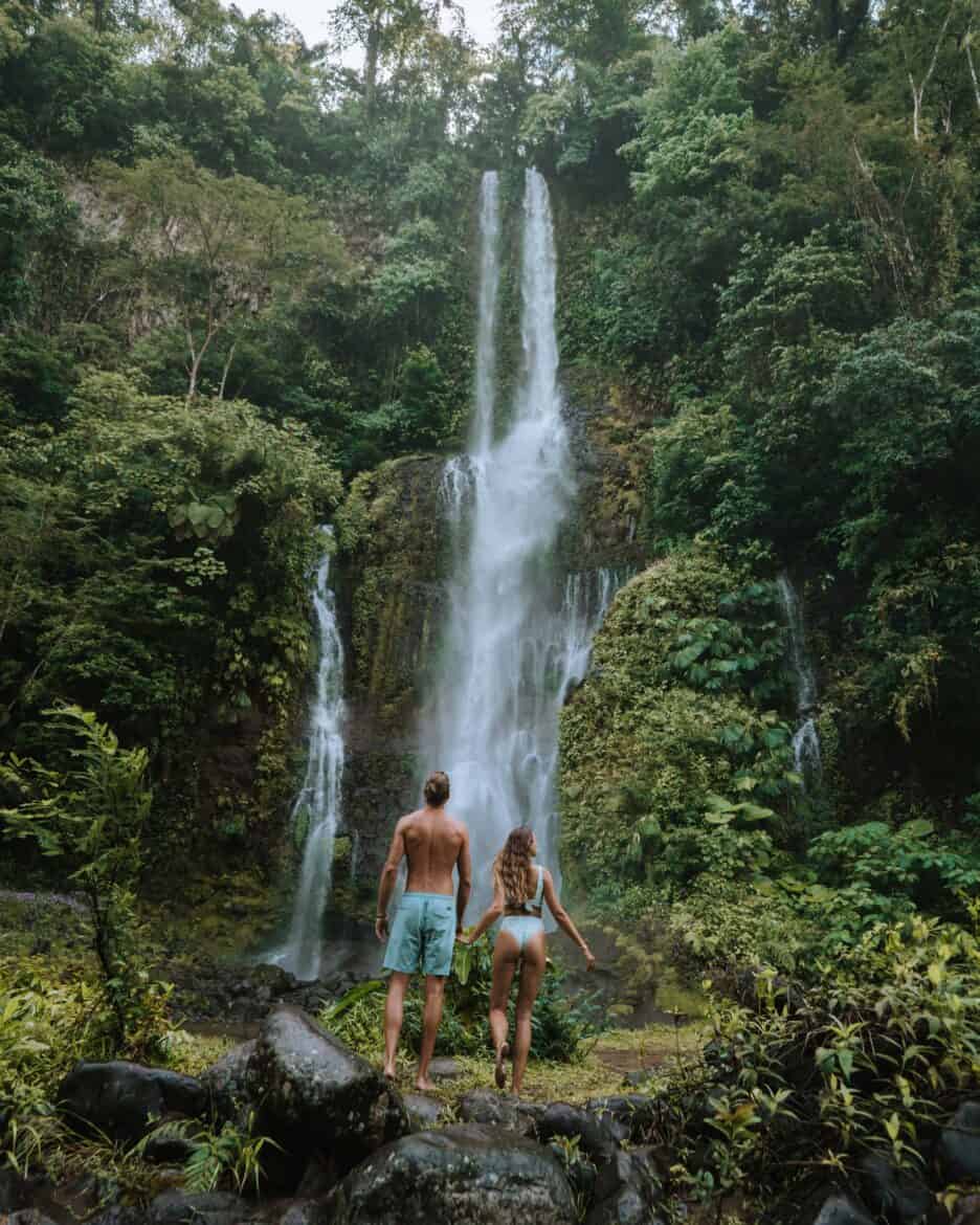 Two people standing near a picturesque waterfall.