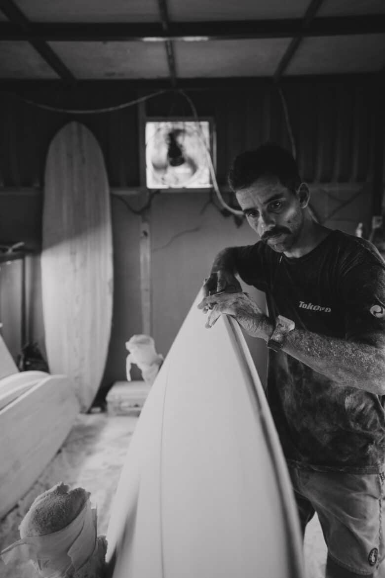 Shaping a surfboard at Cheboards Shop Tamarindo