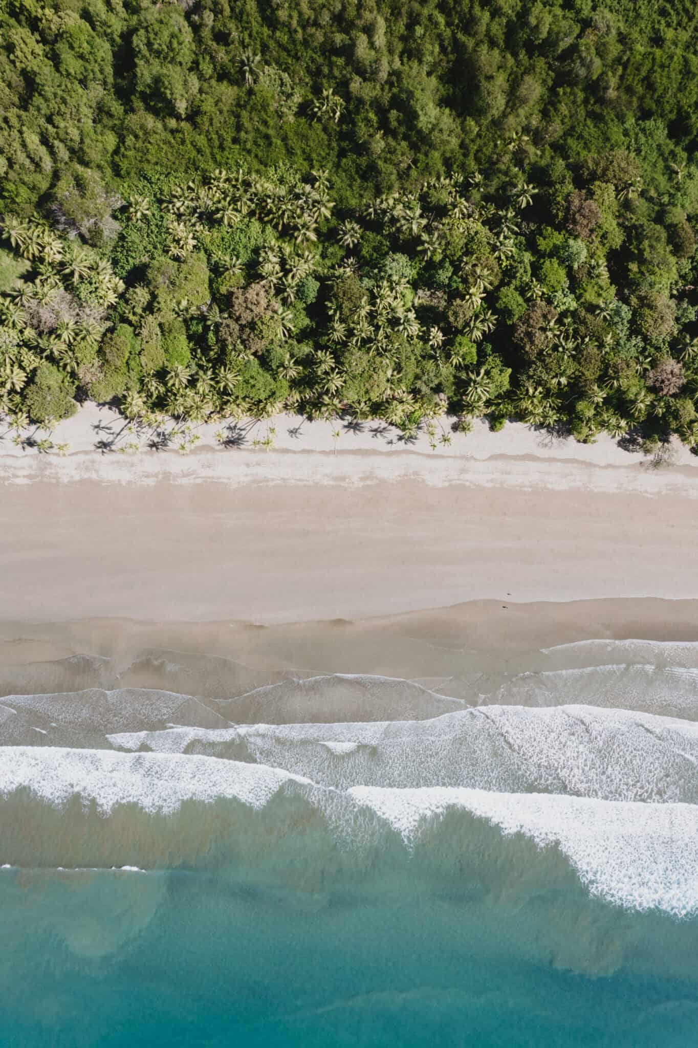 An aerial view of a beach in Uvita, Costa Rica with trees in the background.