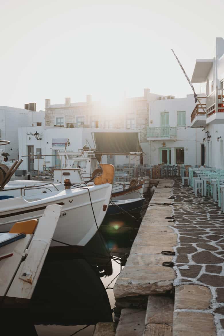 A group of boats docked in the harbor of Naousa, Paros Island.