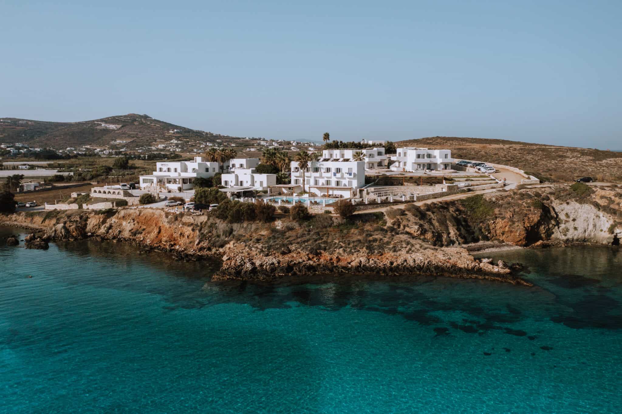 An aerial view of a hotel on the coast of Naousa, Paros Island.