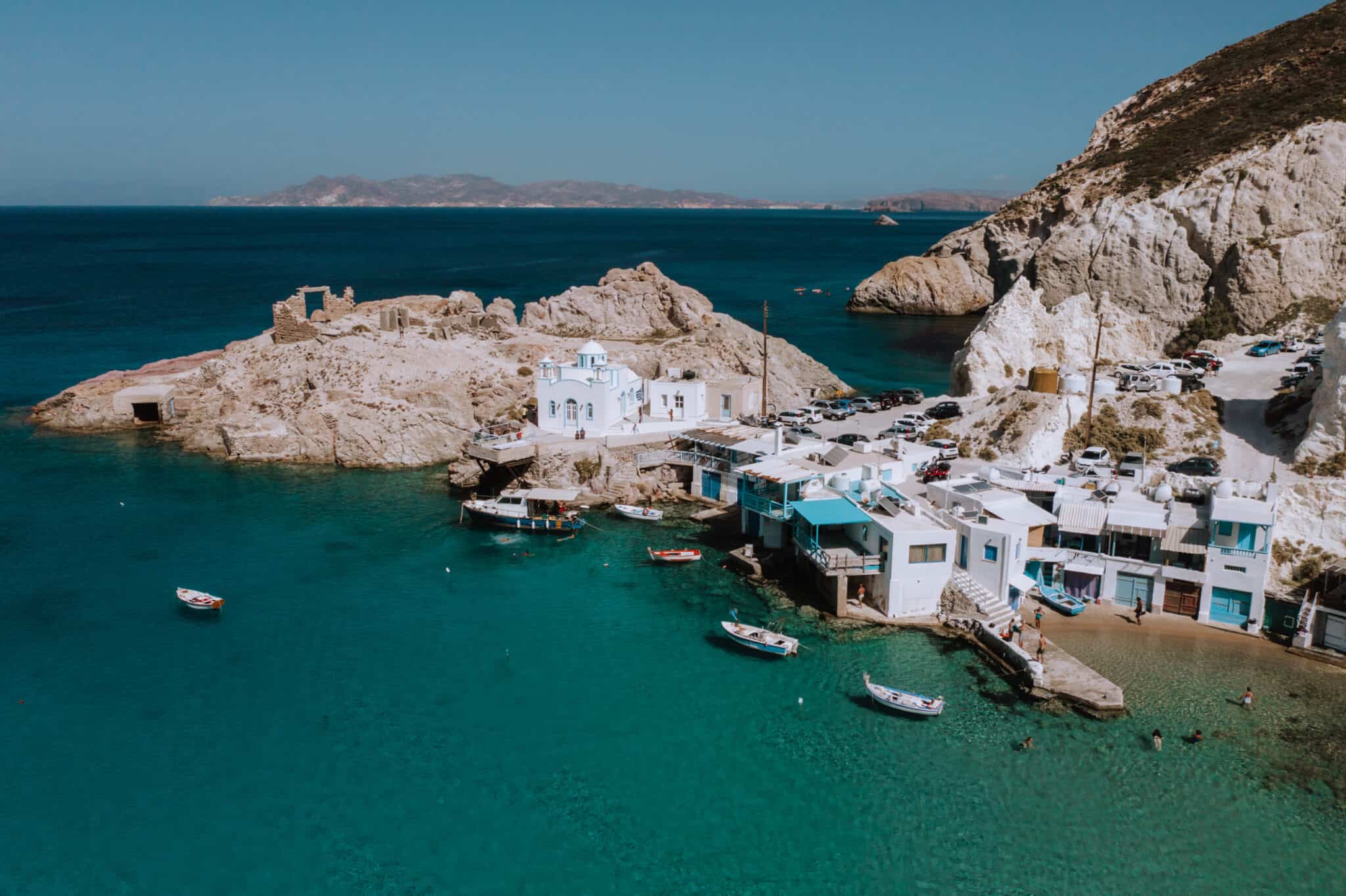 An aerial view of a village in Crete, Milos, Greece.