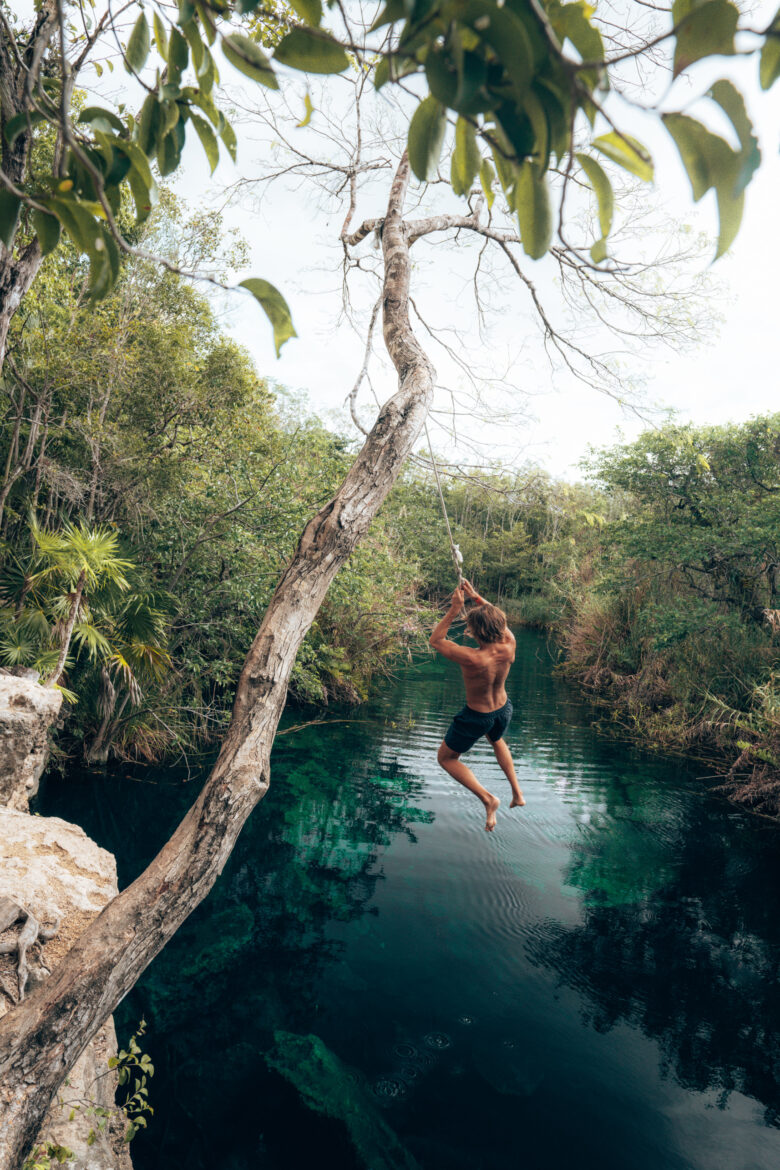 A man is swinging from a tree in a blue lagoon.