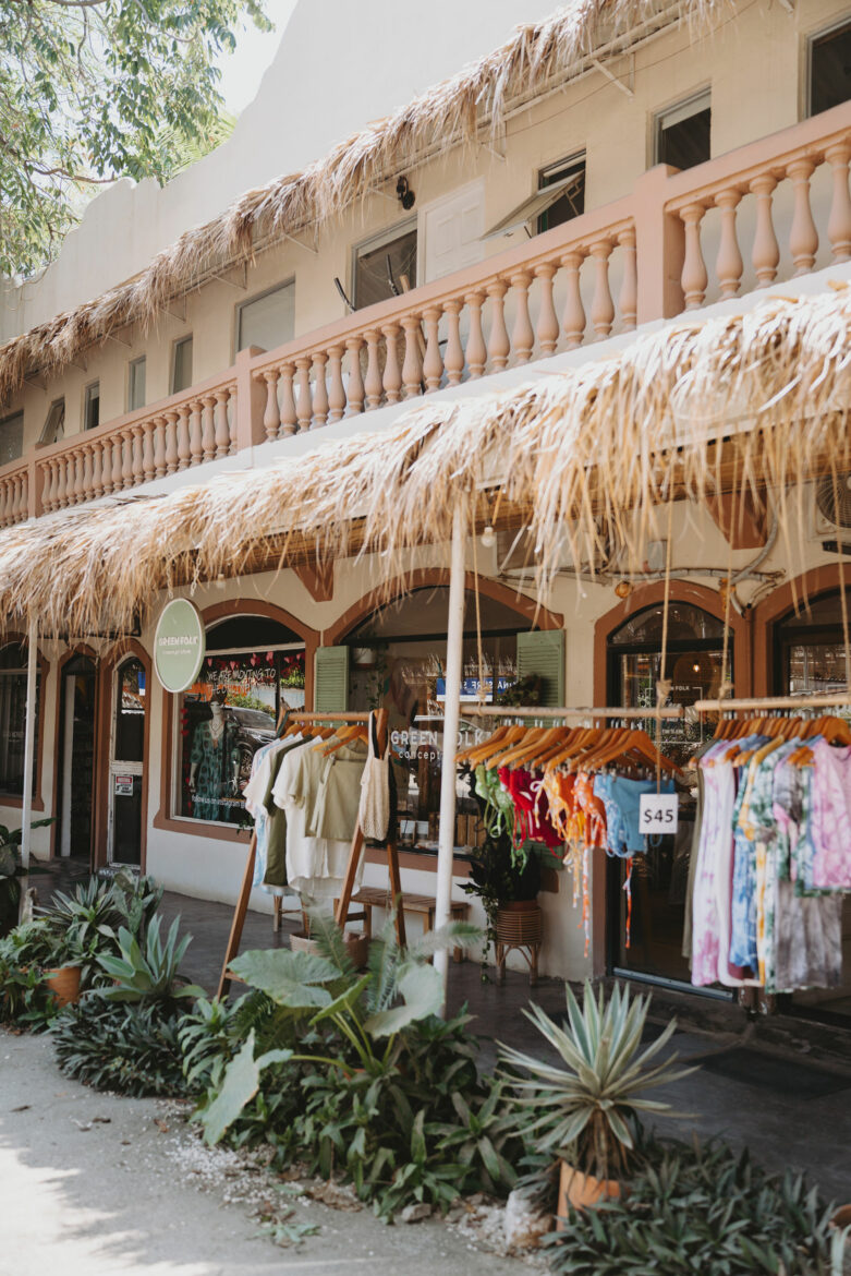 A storefront with a thatched roof and palm trees.
